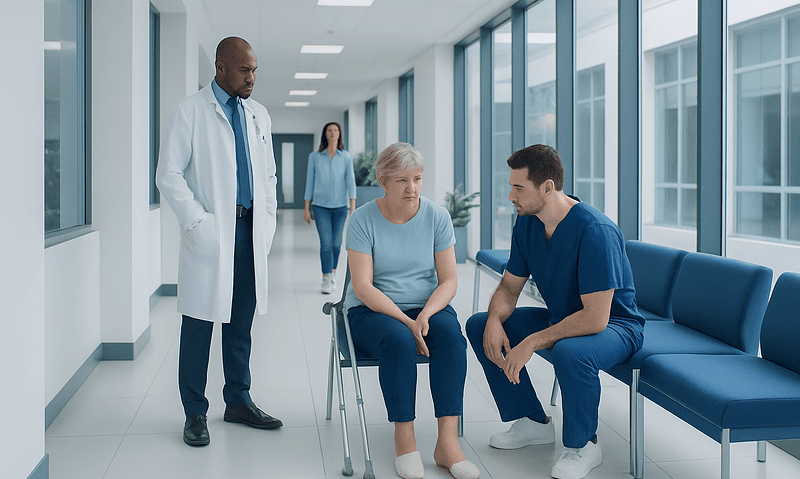 Doctor consulting with elderly patient in hospital corridor.