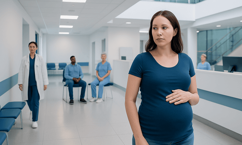 Pregnant woman waiting in hospital corridor with medical staff nearby.