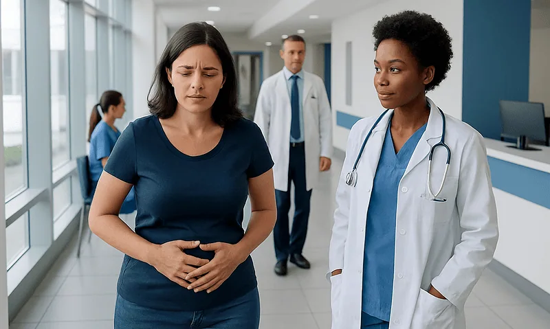 Bloating Stomach Swelling: An Evidence-Based Guide for Patients 6 Woman experiencing stomach pain in hospital corridor with medical staff nearby.