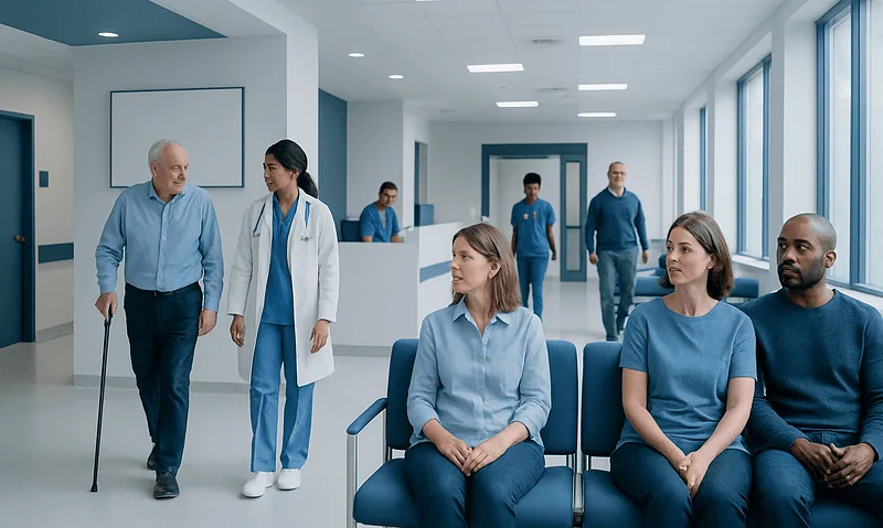 Hospital waiting area with diverse patients and medical staff.