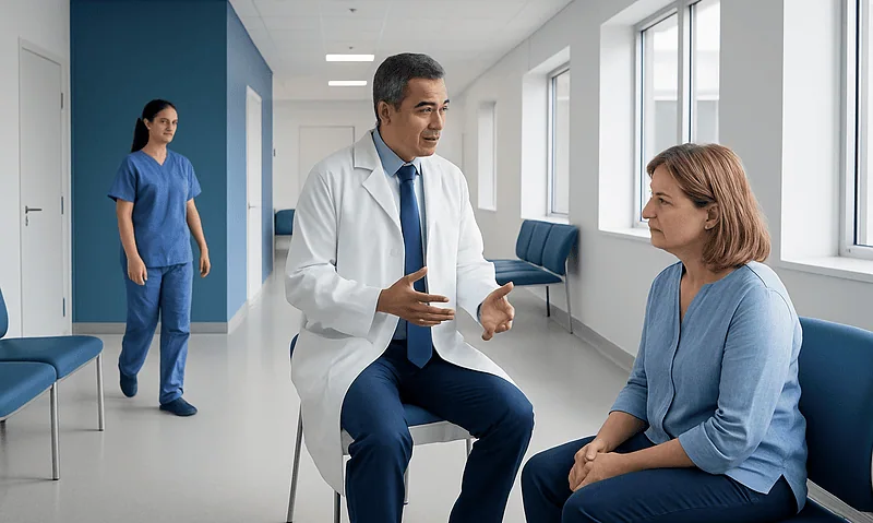 Doctor consulting with a patient in a hospital corridor at Acibadem Hospitals Group.