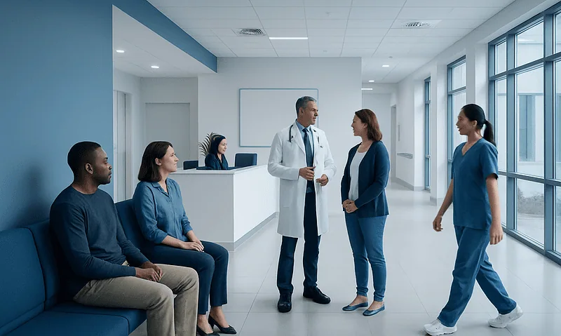 Medical consultation in a modern hospital corridor with healthcare professionals and patients.