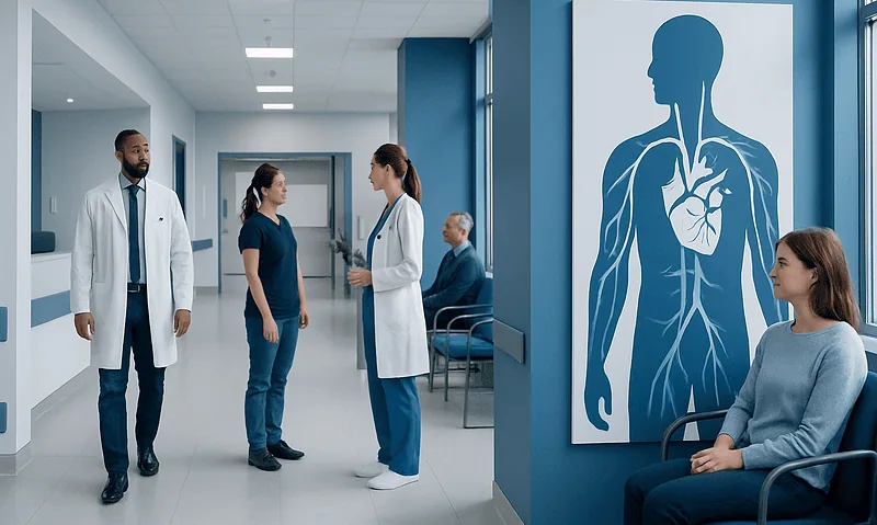 Medical professionals and patients in a hospital corridor with anatomical heart diagram.