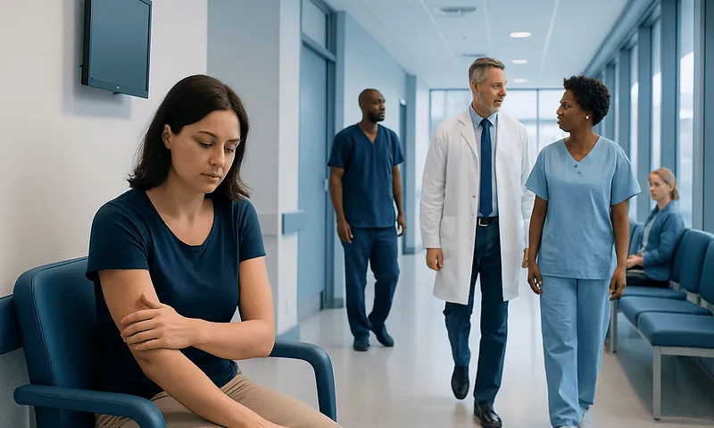 Patient waiting alone in hospital corridor with medical staff nearby.
