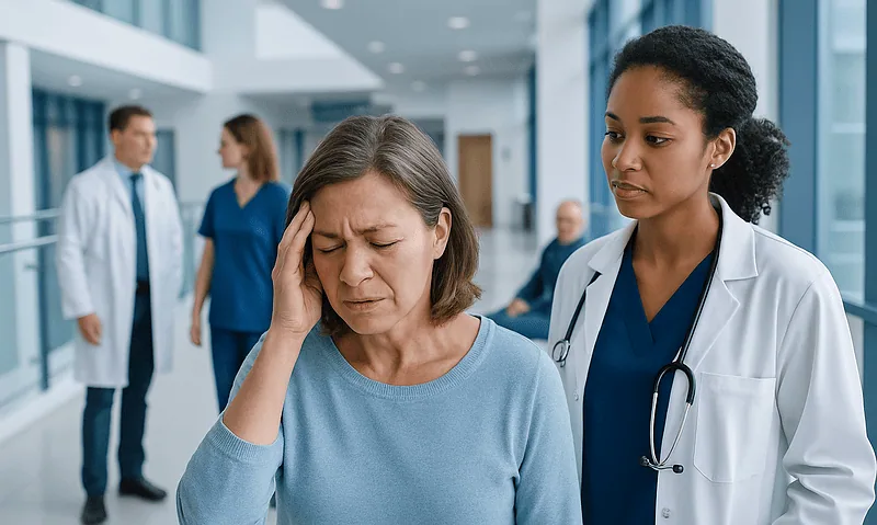 Blood clot in brain symptoms: A Complete Medical Guide for Patients 5 Patient experiencing headache in hospital corridor with medical staff nearby.