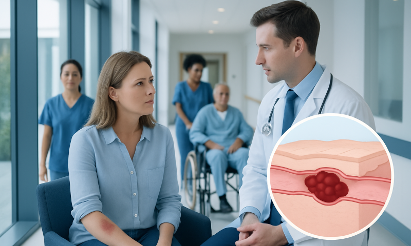 Doctor explaining blood clotting to a patient in hospital setting.
