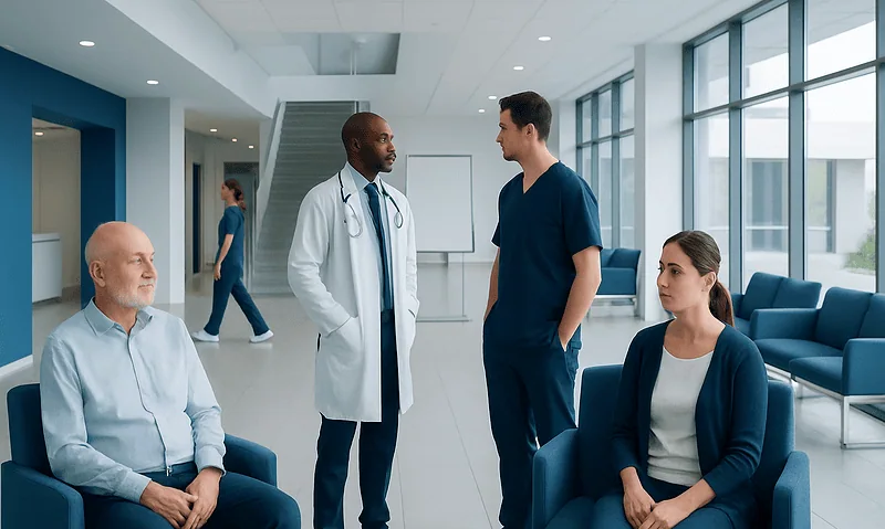 Medical team consulting with patient in hospital lobby.