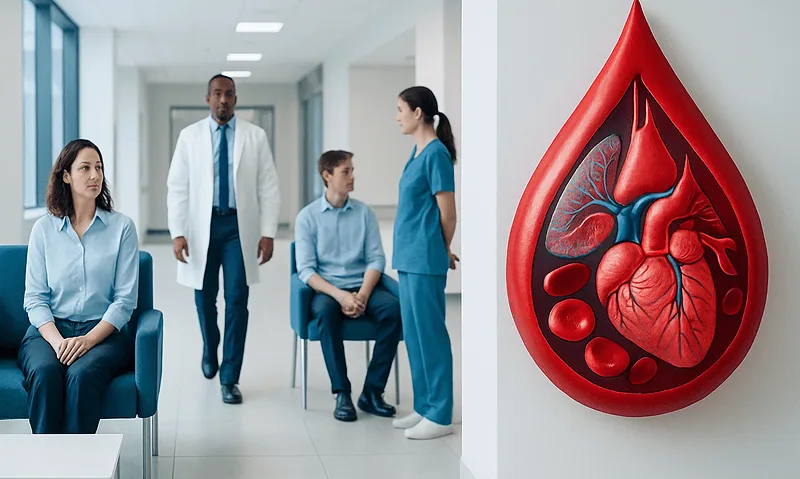 Blood: A Complete Guide to Types, Compatibility, and Health Implications 1 Medical team discussing blood health in hospital corridor with blood drop wall art.