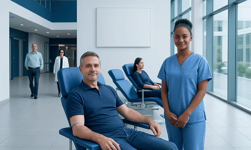 Blood donation at a modern hospital with healthcare professionals and donors.