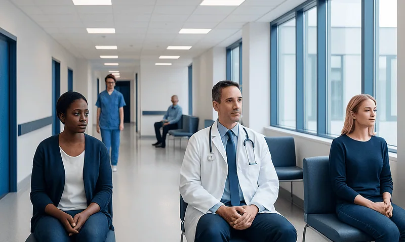 Patients waiting in a hospital corridor with medical staff present.
