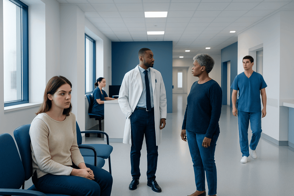 Blood Filled Zits: What Patients Need to Know 1 Medical consultation in a hospital corridor with diverse healthcare professionals.