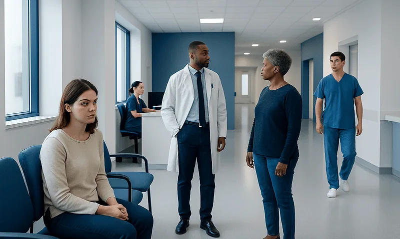 Medical consultation in a hospital corridor with diverse healthcare professionals.