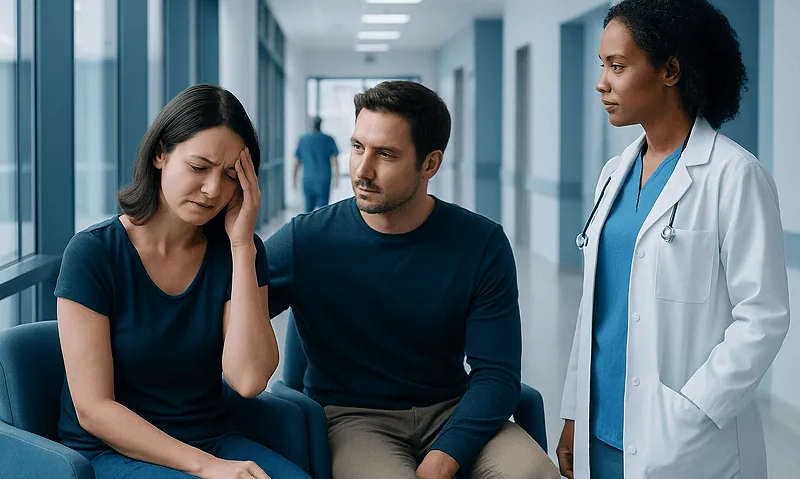 Woman experiencing discomfort during medical consultation at Acibadem Hospital.