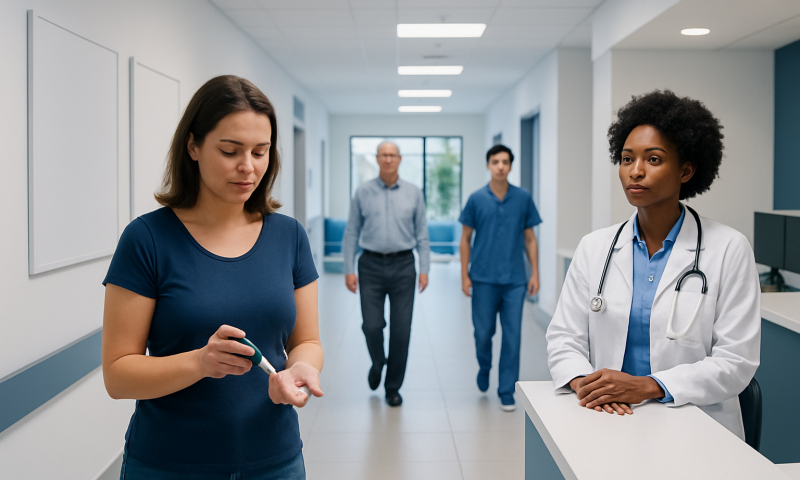 Blood Glucose Levels: Normal Ranges, High and Low Results Explained 7 Patient checking blood sugar levels in a hospital corridor.