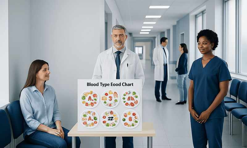 Doctor explaining blood type food chart to patient in hospital corridor.