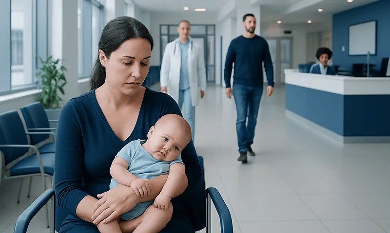 Mother with baby in hospital waiting area, healthcare setting, medical care.