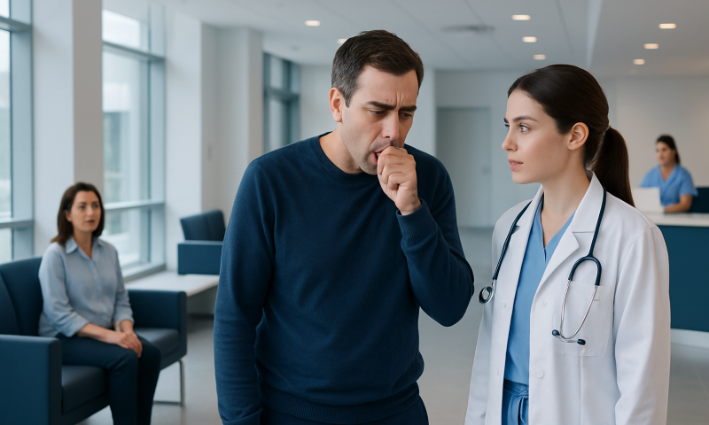 Man coughing in a hospital waiting area with a doctor nearby.