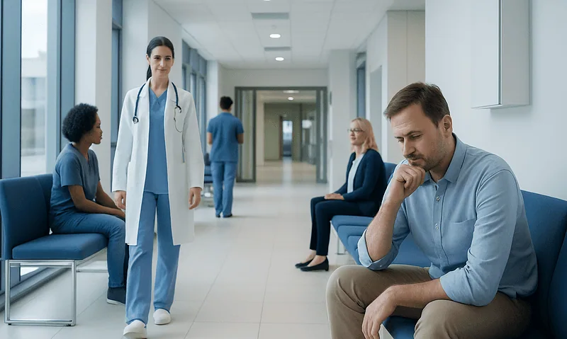 Doctor consulting with male patient in hospital corridor.