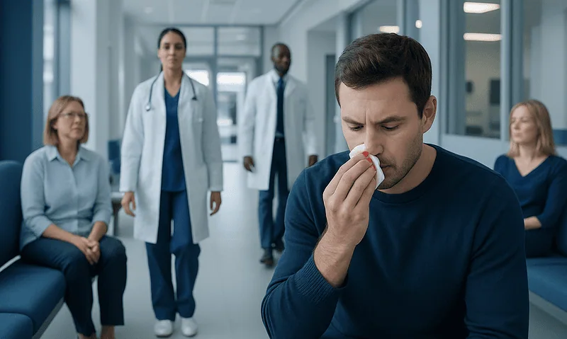 Man with nosebleed holding tissue in hospital corridor with medical staff.