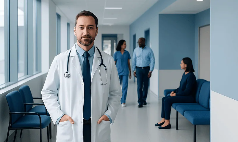 Doctor in hospital corridor with patients and staff in background.