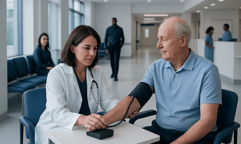 Doctor measuring senior man's blood pressure in a hospital setting.