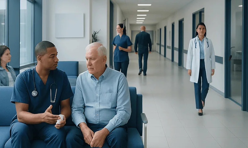 High Blood Pressure Medication Explained: Reference Ranges and What Affects Them 9 Doctor consulting with elderly patient in hospital corridor.
