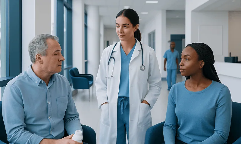 Doctor consulting with male and female patients in hospital corridor.