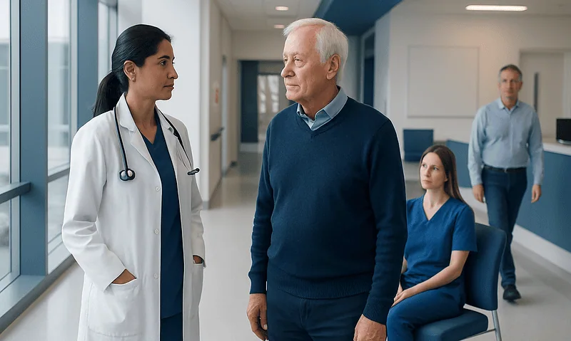 Doctor and patient having a conversation in hospital corridor.