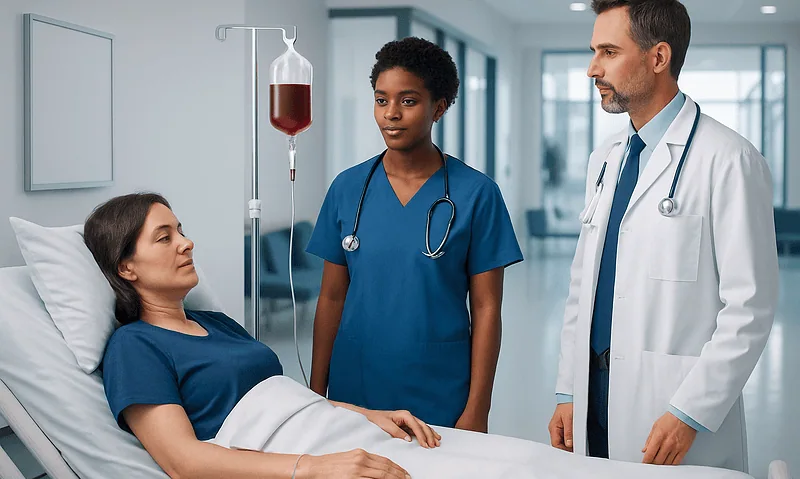 Patient in hospital bed with medical team discussing blood transfusion process.