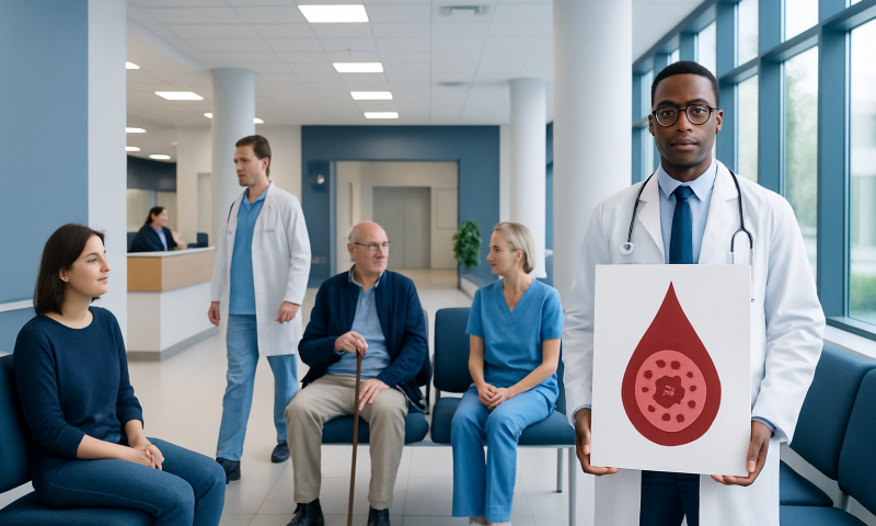 Doctor holding blood transmission infographic in hospital waiting area.