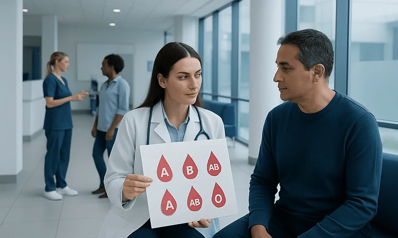 Doctor explaining blood types to patient in hospital corridor.