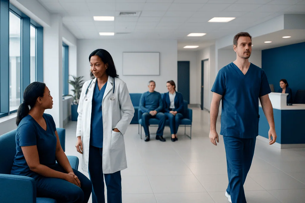 Blood urea nitrogen to urea: Symptoms, Causes, and Treatment — Complete Patient Guide 1 Medical staff and patients in a hospital waiting area.