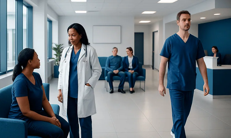 Medical staff and patients in a hospital waiting area.