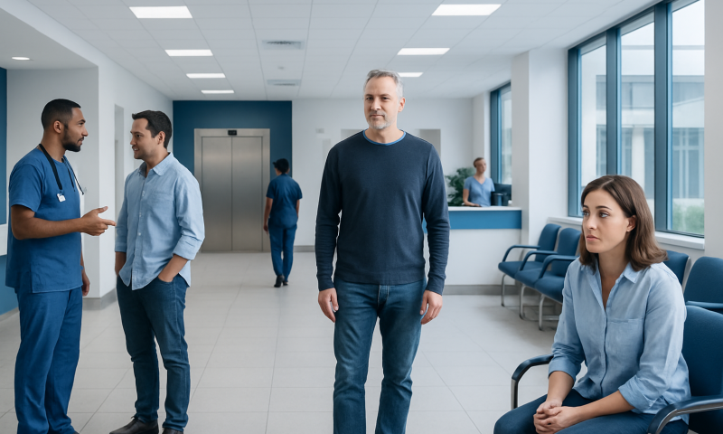 Patients waiting in a hospital corridor at Acibadem Hospitals Group.