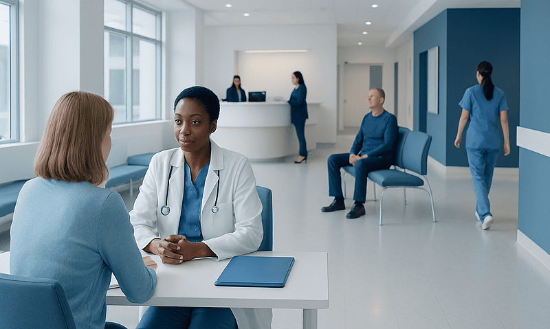 Doctor consulting patient in modern hospital waiting area.