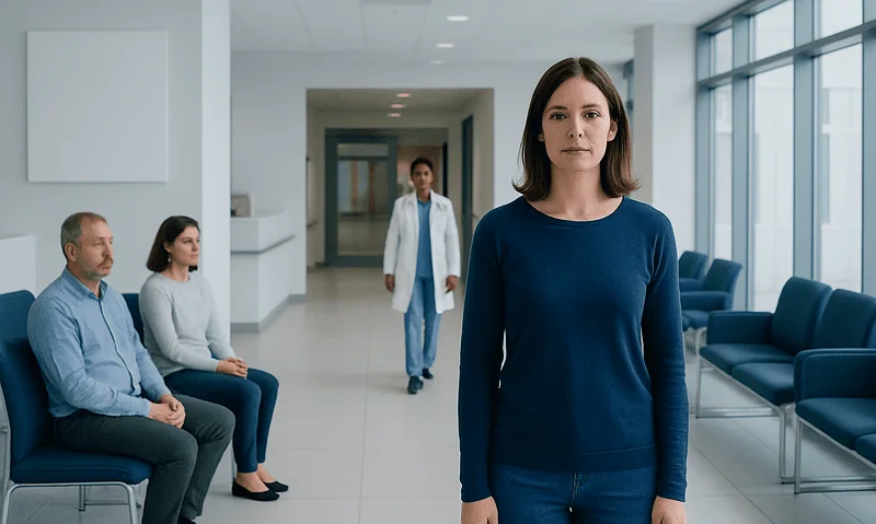 Woman waiting in hospital corridor with medical staff in background.