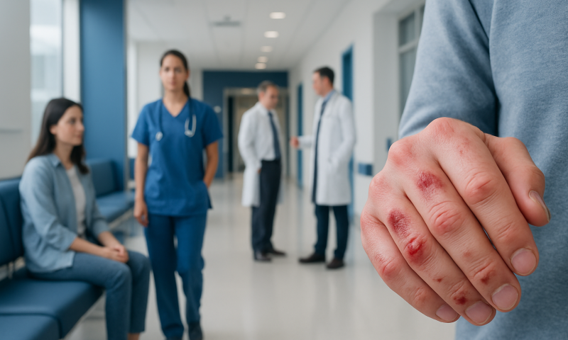 Close-up of a hand with bloody knuckles in a hospital corridor.