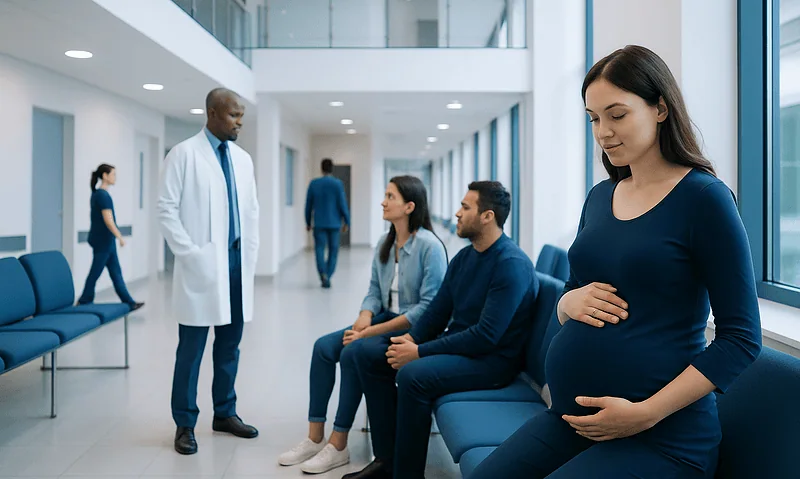 Pregnant woman in hospital waiting area with medical staff and visitors.