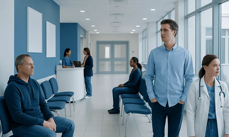 Patients waiting in a modern hospital corridor with medical staff present.