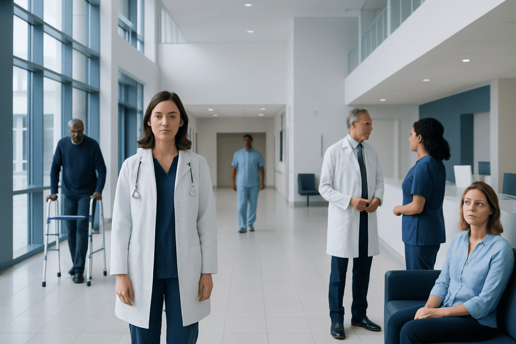 Blue Cheese: What Patients Need to Know 1 Healthcare professionals and patients in a modern hospital lobby.