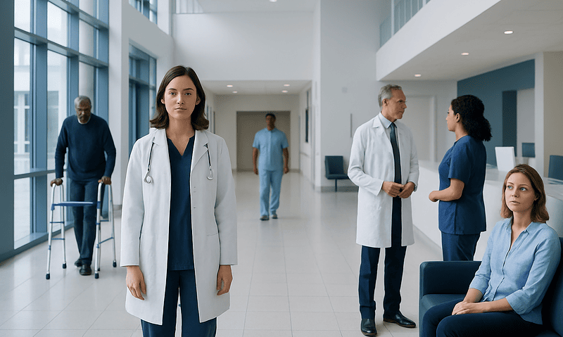 Healthcare professionals and patients in a modern hospital lobby.