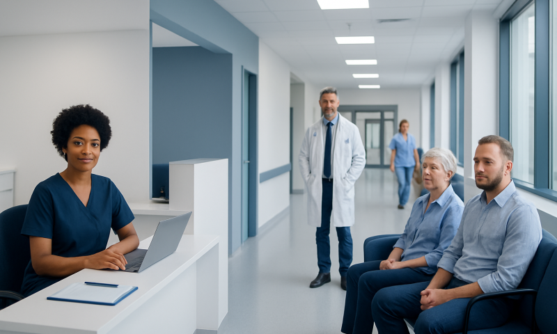 Medical consultation in a modern hospital corridor with diverse healthcare professionals.