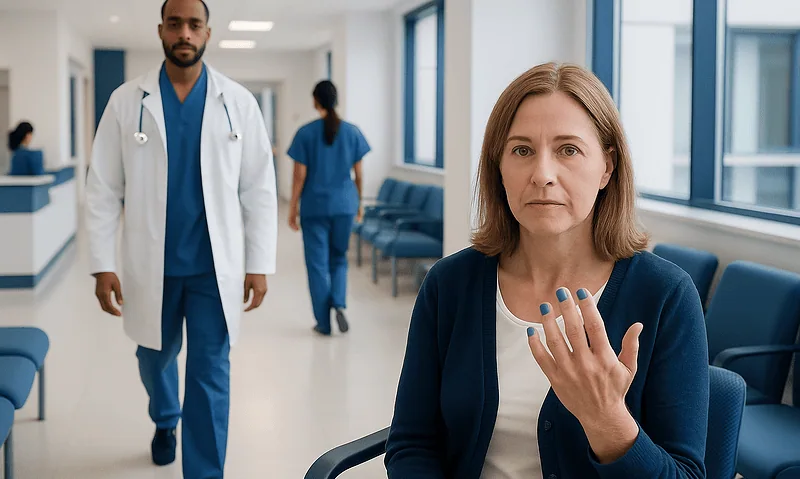 Patient showing blue fingernails in hospital waiting area.