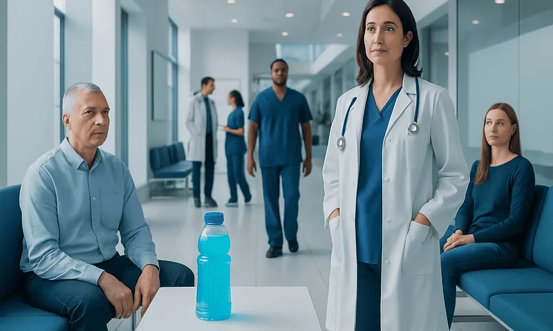 Healthcare professionals and patients in a modern hospital corridor.