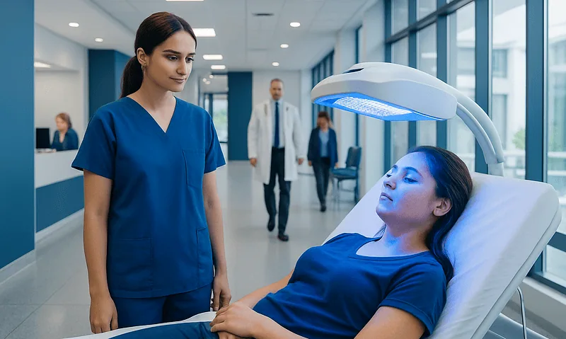 Patient undergoing blue light therapy for acne treatment at a hospital.