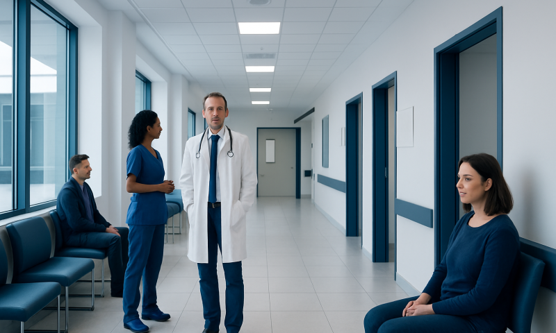 Medical team consulting in hospital corridor with patients.