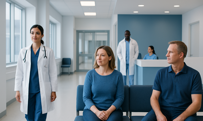 Patients waiting in a hospital corridor with medical staff nearby.