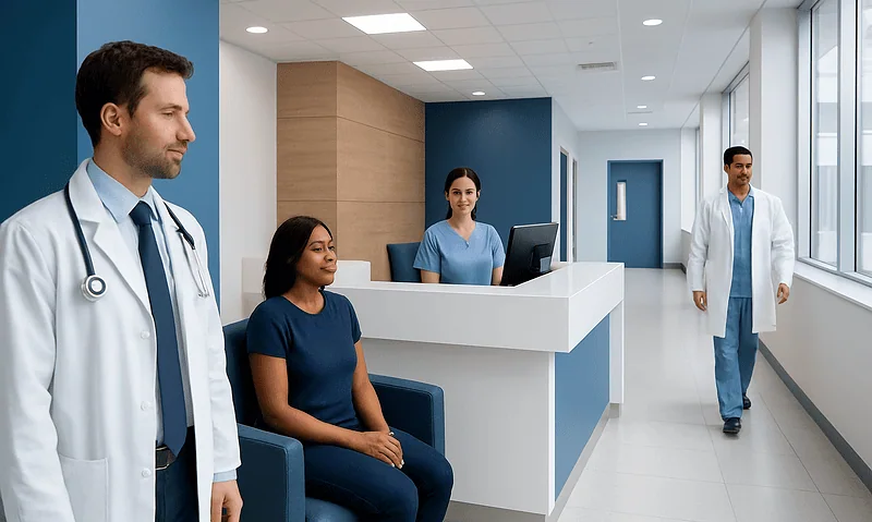 Medical staff and patients in a modern hospital corridor at Acibadem Hospitals Group.