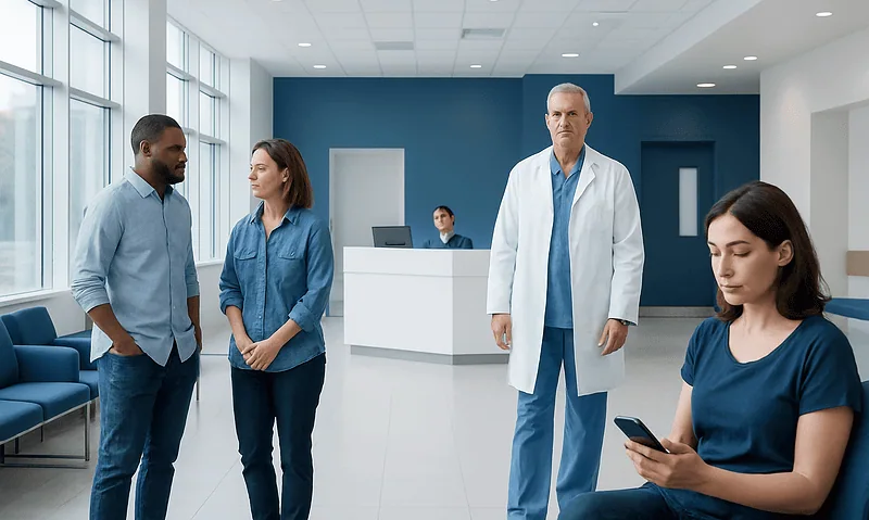 Medical staff and patients in a modern hospital waiting area.