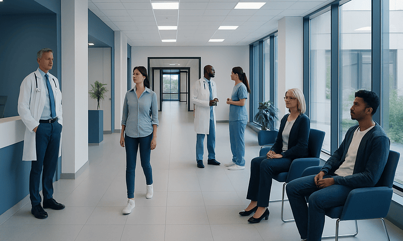 Medical professionals and patients in a hospital corridor with large windows.